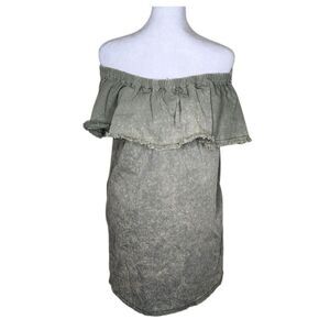 Umgee Off Shoulder Ruffle Denim Mini Dress Womens M Khaki Green